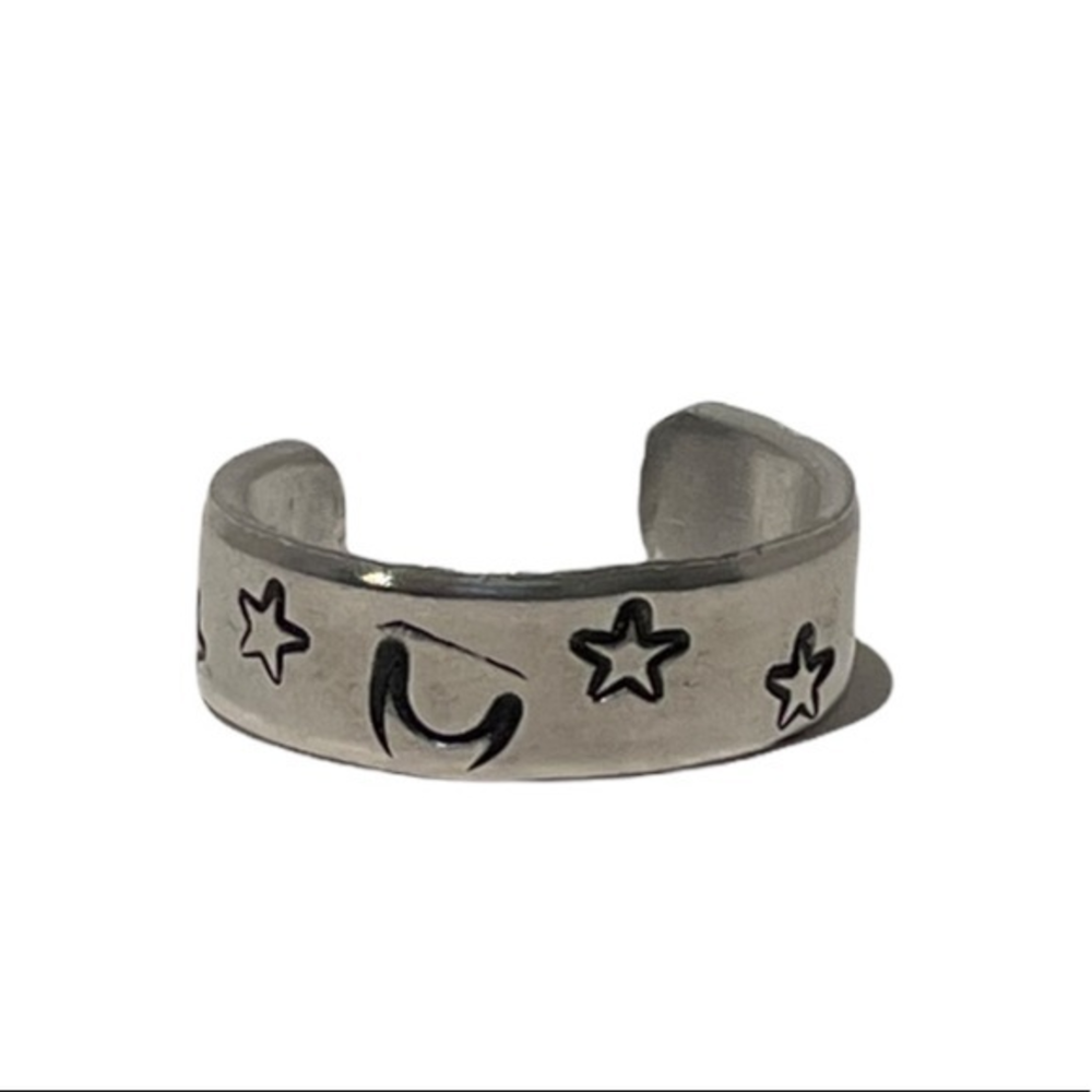 Handmade 8 stamped moon & star silver hypoallergenic adjustable cuff ring